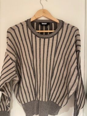 DKNY Beige and Charcoal Vertical Stripe Crewneck Sweater